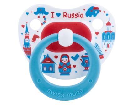 Пустышка Bibi дневная с 1 дня "Я люблю Россию" / синяя