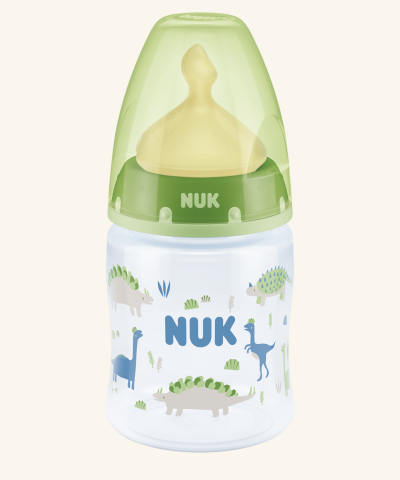 NUK Бутылочка "Динозавры" First Choice Plus 150 мл, латексная соска, средние отверстие М, 0-6 месяцев