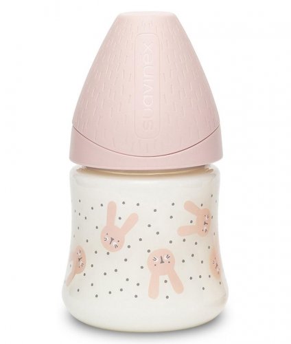 Suavinex Бутылка с круглой силиконовой соской Hugge Baby, 150 мл  / цвет розовый, зайка с точками R0