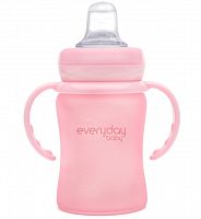 EveryDay Baby Стеклянная бутылочка-поильник с мягким носиком с защитным силиконовым покрытием, 150 мл / светло-розовая					