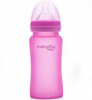 Everyday Baby Стеклянная бутылочка для девочки с индикатором температуры и защитным силиконовым покрытием, 240 мл, розовый цвет 735					