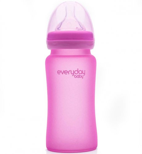 Everyday Baby Стеклянная бутылочка для девочки с индикатором температуры и защитным силиконовым покрытием, 240 мл, розовый цвет 735