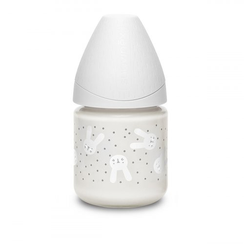 Suavinex Бутылочка Hugge Baby, 120мл с круглой силиконовой соской, стекло, цвет / серый