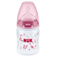 NUK Бутылочка First Choice Plus 150 мл "Птицы" силиконовая соска, от 0-6 месяцев / цвет розовый