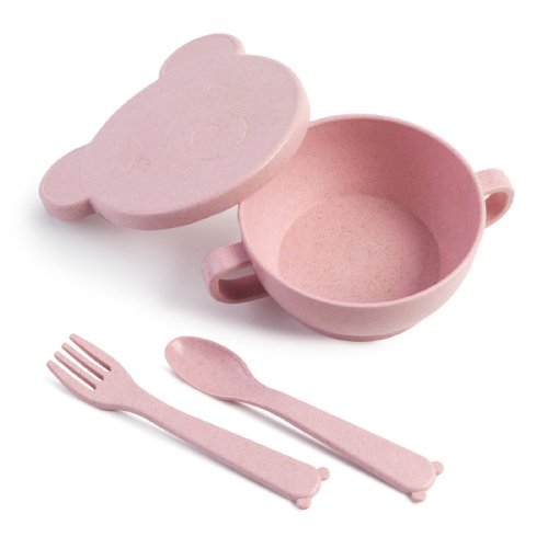 Little Angel Набор ЭКО посуды "Bear" (миска с крышкой, ложка и вилка) /цвет розовый