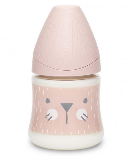 Suavinex Бутылка с круглой силиконовой соской Hugge Baby, 150 мл  / цвет розовый, зайка с крапинками R0