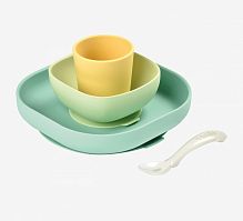 Beaba Набор силиконовой посуды из 4 предметов (2 тарелки, стакан, ложка) / цвет желтый					