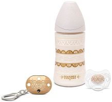 Suavinex Детский набор: бутылочка 270 мл, пустышка, держатель, 0+ месяцев / цвет серый
