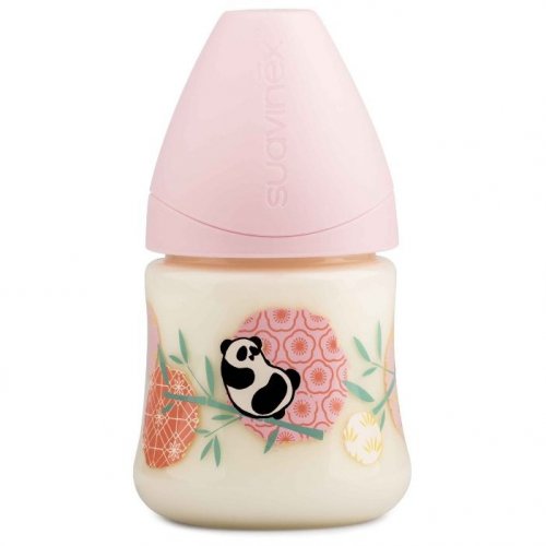Suavinex Бутылочка "Панда" с анатомической латексной соской, 150 мл, от 0 до 6 месяцев, цвет / розовый