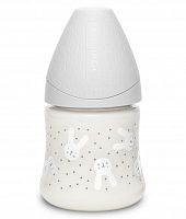 Suavinex Бутылка с круглой силиконовой соской Hugge Baby, 150 мл  / цвет серый, зайка с точками R0