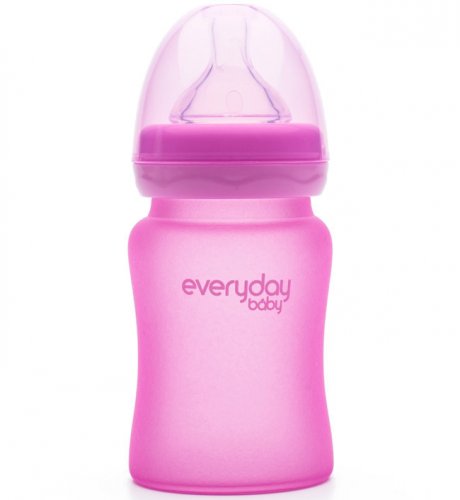 Everyday Baby Стеклянная бутылочка 150 мл / розовый с индикатором температуры и защитным силиконовым покрытием