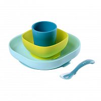 Beaba Набор силиконовой посуды из 4 предметов (2 тарелки, стакан, ложка) / цвет голубой					