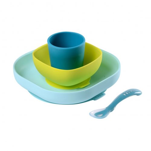 Beaba Набор силиконовой посуды из 4 предметов (2 тарелки, стакан, ложка) / цвет голубой