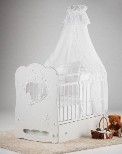 Кроватка детская Птенчики маятник поперечный с ящиком  / белый