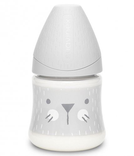 Suavinex Бутылка с круглой силиконовой соской Hugge Baby, 150 мл  / цвет серый, зайка с крапинками R0